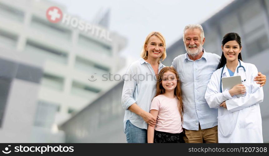 Doctor with happy family of mother, father and daughter at the hospital. Medical healthcare and doctor service.