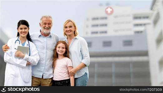 Doctor with happy family of mother, father and daughter at the hospital. Medical healthcare and doctor service.