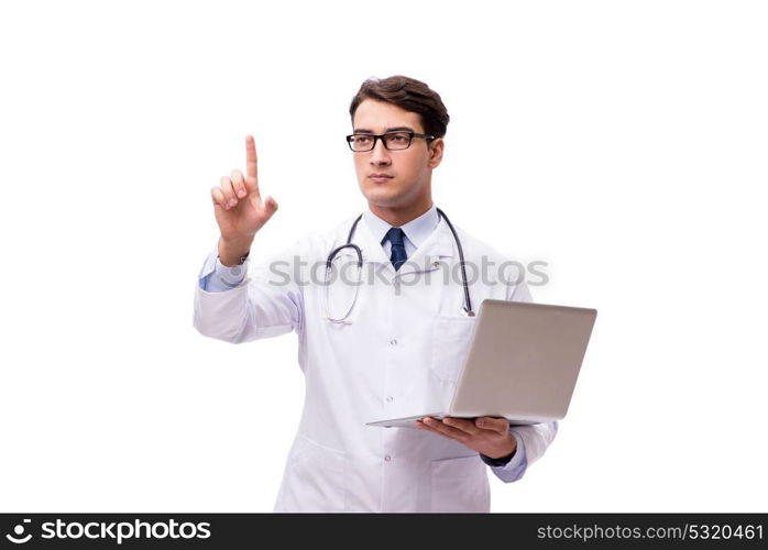 Doctor with laptop isolated on white background