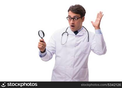 Doctor with magnifying glass on white background