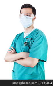 doctor with mask and glasses on face on white background