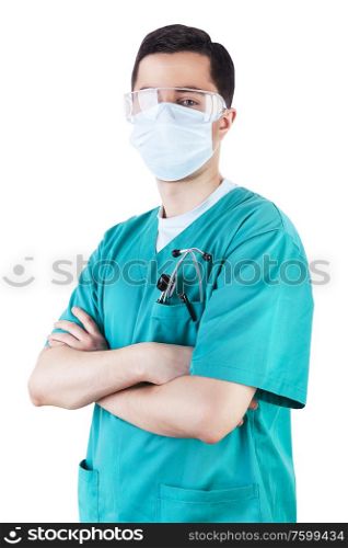 doctor with mask and glasses on face on white background