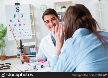 Doctor with patient at eye exam