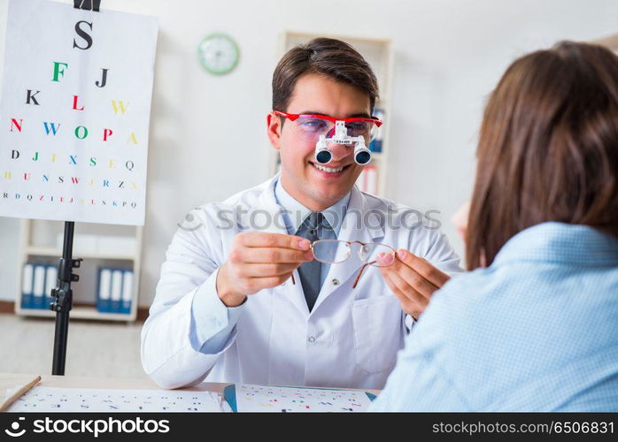 Doctor with patient at eye exam