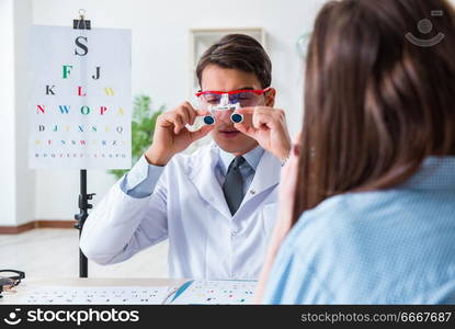 Doctor with patient at eye exam