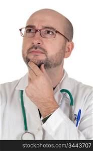 Doctor with pensive gesture isolated on white background