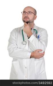 Doctor with pensive gesture isolated on white background