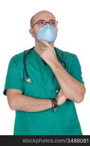 Doctor with protective mask thinking isolated on a over white background