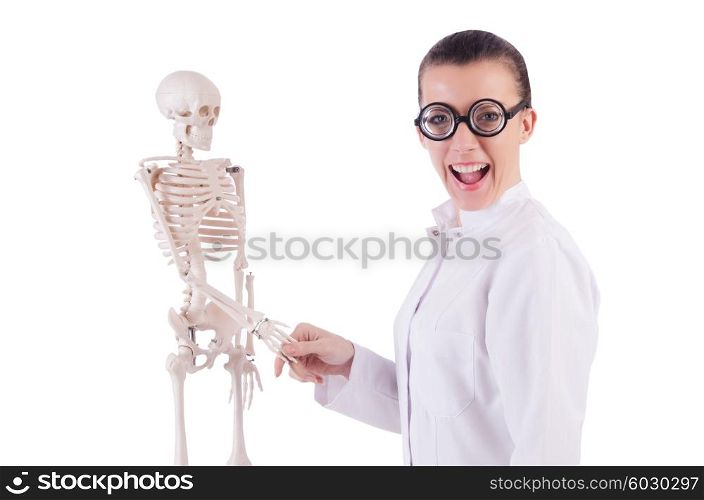 Doctor with skeleton on white