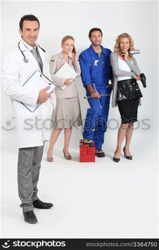 Doctor with stethoscope and clipboard, mechanic, doctor and secretary.