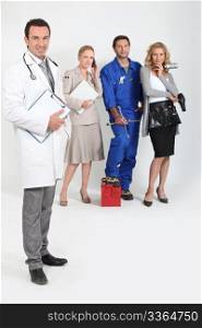 Doctor with stethoscope and clipboard, mechanic, doctor and secretary.