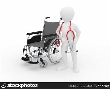 Doctor with stethoscope and whellchair on white isolated background. 3d