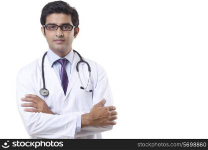 Doctor with stethoscope around neck on white background
