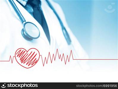 Doctor with stethoscope blue tone with heart graph.