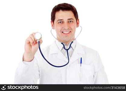 Doctor with stethoscope. Focused on hand