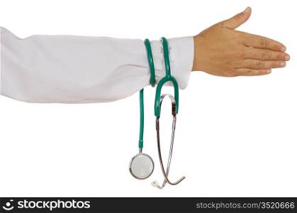 Doctor with stethoscope in hand a over white background