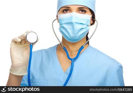 Doctor with stethoscope isolated on white