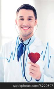 doctor with stethoscope listening heart beat on virtual screen. doctor listening to heart beat