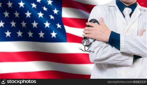 Doctor with stethoscope on American flag. Doctor with arms crossed on American flag, Health and care with the flag of United State