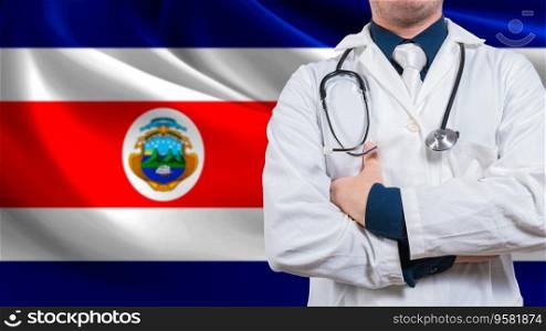 Doctor with stethoscope on Costa Rica flag. Costa Rica national health concept, Health and care with flag of Costa Rica