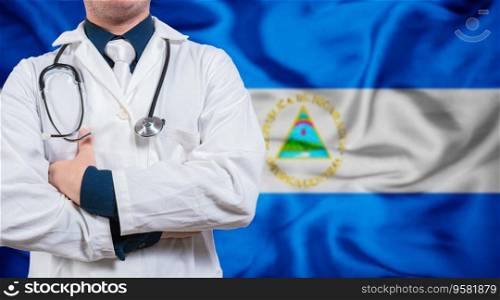 Doctor with stethoscope on flag of Nicaragua. Health and care concept with Nicaragua flag. Doctor with crossed arms on flag of Nicaragua