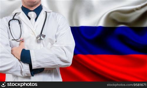 Doctor with stethoscope on flag of Russia. Doctor with crossed arms on flag of Russian Federation. Medical health and care on background Russian flag