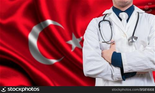 Doctor with stethoscope on flag of Turkey. Doctor with crossed arms on flag of Turkey, Turkish national health concept
