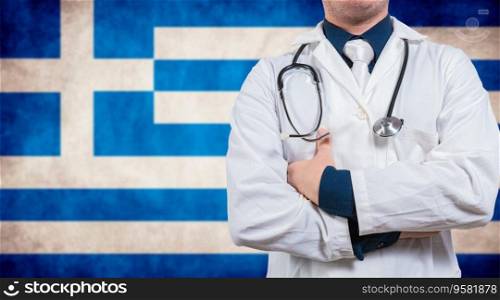 Doctor with stethoscope on greece flag. Doctor with crossed arms on greece flag, Health and care with flag of greece