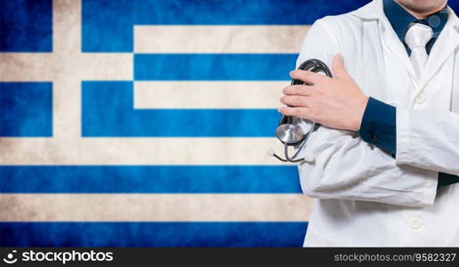 Doctor with stethoscope on greek flag. Doctor with crossed arms on greeke flag, Health and care with flag of greece