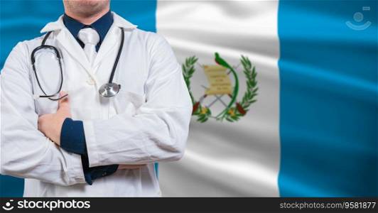 Doctor with stethoscope on guatemala flag. Doctor arms crossed with stethoscope on Guatemala flag, Guatemala national health concept
