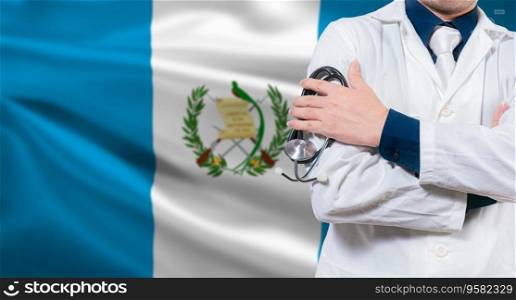 Doctor with stethoscope on guatemalan flag. Doctor arms crossed with stethoscope on Guatemalan flag, Guatemala national health concept