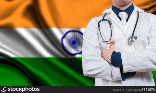Doctor with stethoscope on India flag. Doctor with arms crossed on India flag background. Medical health and care on Indian flag