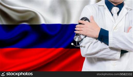 Doctor with stethoscope on Russian flag. Doctor with crossed arms on Russian flag. Medical health and care on background Russian flag