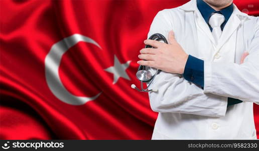 Doctor with stethoscope on Turkish flag. Doctor with crossed arms on Turkish flag, Turkish national health concept
