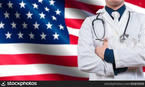 Doctor with stethoscope on USA flag. Doctor with arms crossed on USA flag, Health and care with the flag of United State