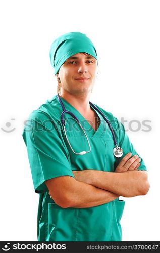 Doctor with stethoscope over white