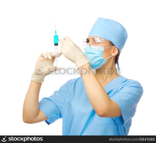 Doctor with syringe isolated on white