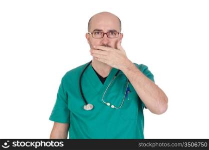 Doctor with the hand on his mouth isolated on white background