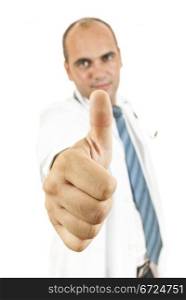 doctor with thumb up on white background