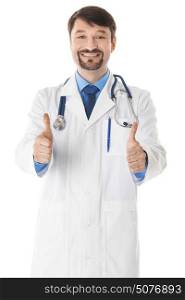 Doctor with thumbs up. Happy smiling mature doctor with thumbs up gesture, isolated on white background
