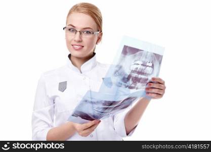 Doctor with x-rays on a white background
