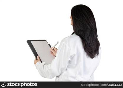 Doctor woman doing report isolated on white background