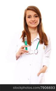Doctor woman or nurse holds a syringe, healthcare concept, isolated on white