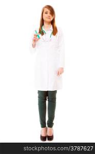 Doctor woman or nurse young female in full length with stethoscope holds a medical syringe, healthcare concept, isolated on white background