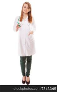 Doctor woman or nurse young female in full length with stethoscope holds a medical syringe, healthcare concept, isolated on white background