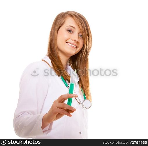 Doctor woman or nurse young female with stethoscope holds a medical syringe, healthcare concept, isolated on white background