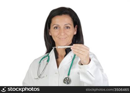 Doctor woman with a thermometer on a over white background