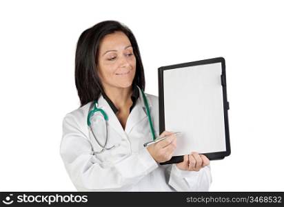 Doctor woman with blank clipboard on a over white background