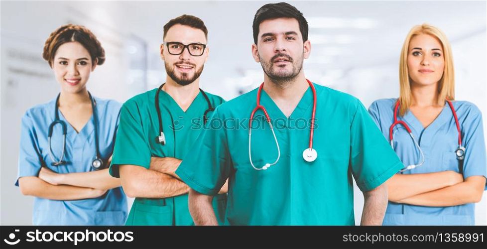 Doctor working in hospital to fight 2019 coronavirus disease or COVID-19. Professional healthcare people with other doctors, nurse and surgeon. Corona virus medical care and protection concept.