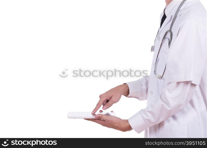 Doctor working on a digital tablet isolated on white background